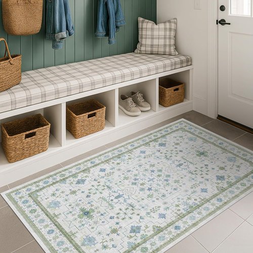 Hazo Haus Washable Rugs - Vintage Boho Floral Design in Blue & Green | 3x6 Low Pile Non-Slip Accent Rug