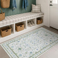 Hazo Haus Washable Rugs - Vintage Boho Floral Design in Blue & Green | 3x6 Low Pile Non-Slip Accent Rug