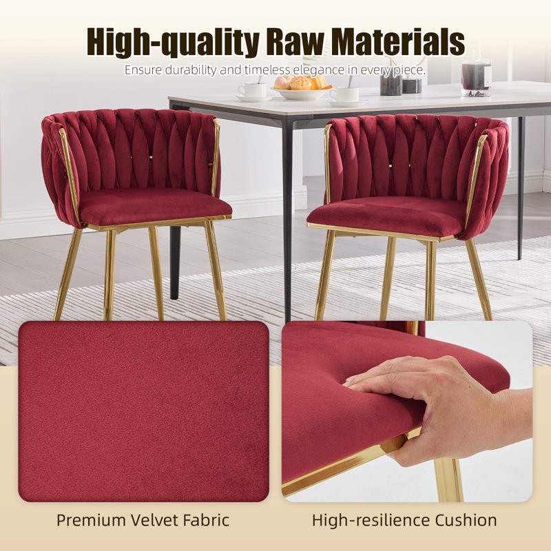 Velvet Dining Chairs Set of 2 - Wine Red with Metal Legs