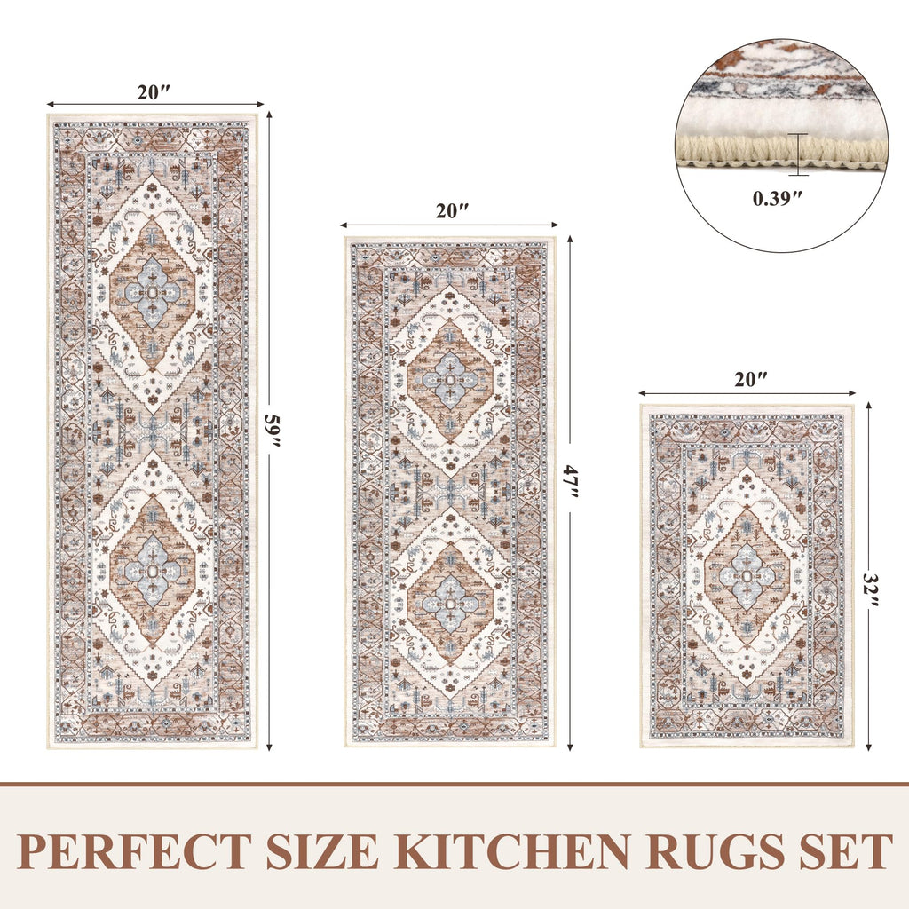 Pauwer Farmhouse Kitchen Rugs Sets of 3, Kitchen Runner Rugs Non Slip Washable, Boho Kitchen Mats for Floor, Indoor Door Mat Entrance, Laundry Room Rug, Thick Kitchen Floor Mat Carpet