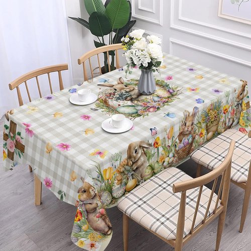 Unibyby Easter Tablecloth 60 x 84 Inch Rectangle, Easter Bunny Table Cloth Buffalo Check Plaid Kitchen Table Cover for Dining Room Spring Oblong Tablecloth Indoor Decor