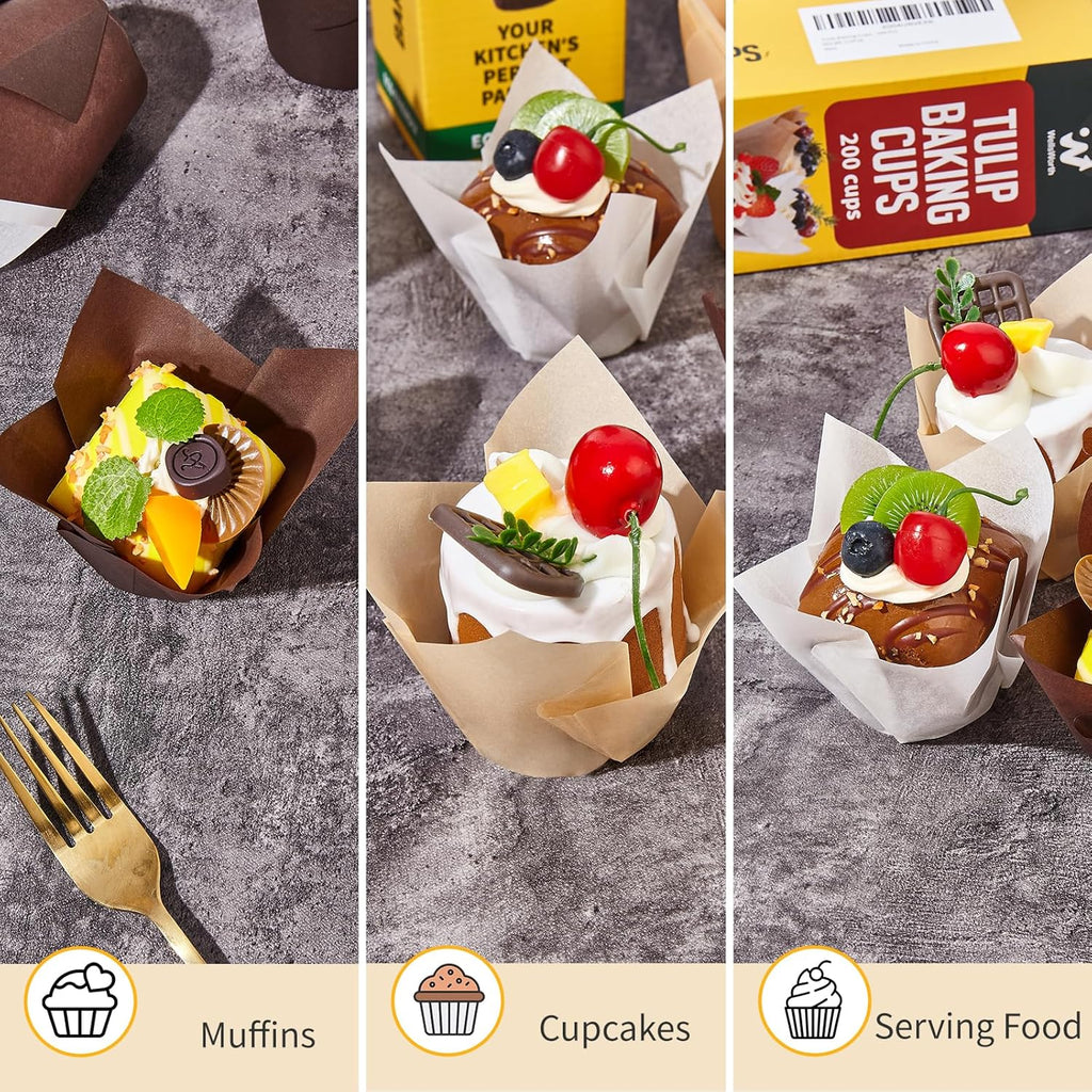 Skiennix Tulip Cupcake Liners - 200PCS Unbleached Food Grade Greaseproof Muffin Wrappers for Baking & Parties