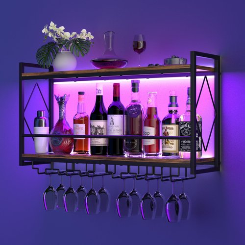 Nidouillet Wall Mounted Wine Rack with LED Light, 31.5" Bar Liquor Shelves with Glass Holder, Metal Hanging Bar Shelves Wine Storage Rack Display for Kitchen Home Bar Dining Room Living Room