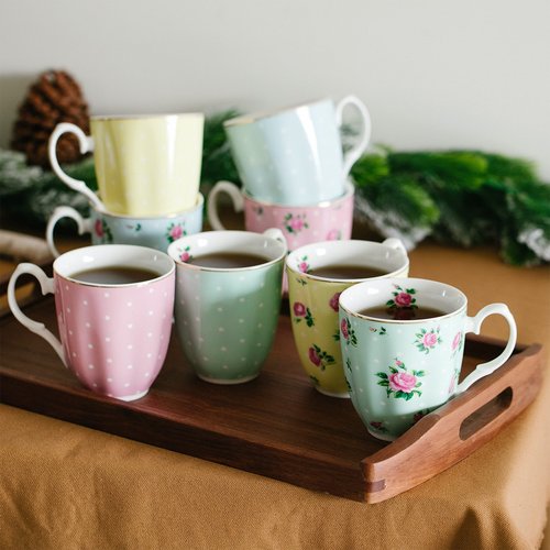 BTaT- Porcelain Floral Plates, Royal Dessert Plates, 8 inch, Set of 8 and Royal Coffee Mugs, 12 oz, Set of 8