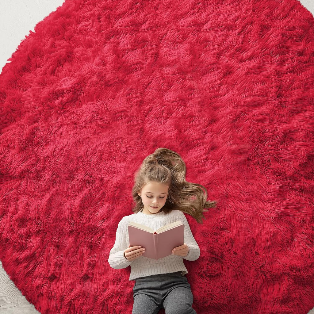 OLANLY Red Round Area Rug - Soft, Fluffy Shaggy Carpet | 9 ft Machine Washable for Bedroom & Living Room Decor