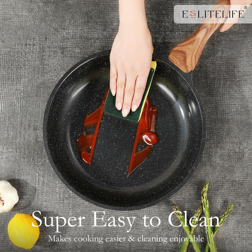ESLITE LIFE Nonstick Ceramic Frying Pan Skillet with Lid, Non-Toxic Egg Omelette Kitchen Cooking Pans Compatible with All Stovetops (Gas, Electric & Induction), PTFE & PFOA Free (Black, 8" w/Lid)