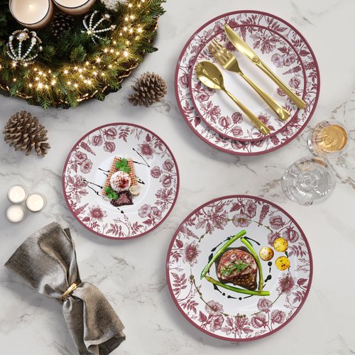 Trendables Disposable Plates For Party Supplies | Burgundy Floral Plastic Plates For Wedding 80 Pcs - 40 X 8 & 40 X 10 Dinner Plate Sets | Floral Plate Set Disposable Plastic Dinnerware Sets