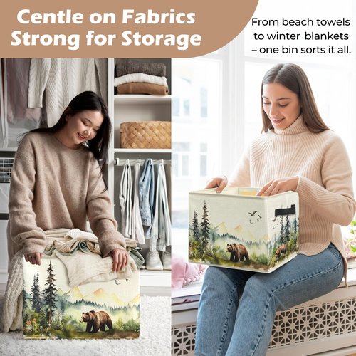 WARDOS Forest Brown Bear Nursery Storage Bin Box with Handles, Watercolor Wild Animal Bear Foldable Linen Fabric Laundry Basket for Kids Room Nursery Playroom Bathroom Clothes Toys Books