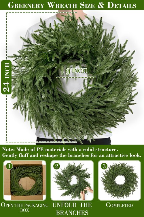 24 Inch Real Touch Norfolk Pine Wreath Christmas Wreaths for Front Door, Large Artificial Christmas Wreath Outdoor Greenery Wreaths for Wall Window Porch Farmhouse Indoor Outdoor Home Holiday Decor