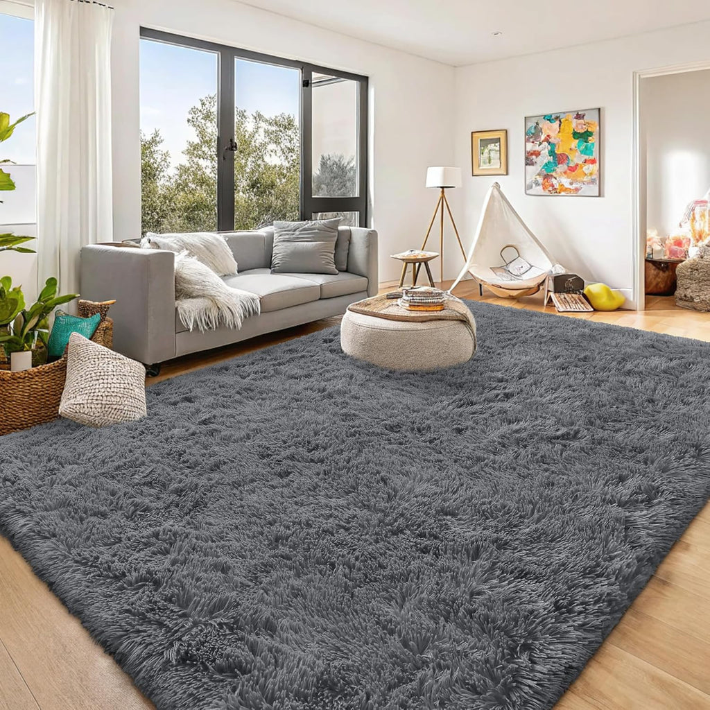 OLANLY Large Area Rug - Soft Fluffy Shaggy Carpet for Living Room & Bedroom | 8x12 ft, Grey