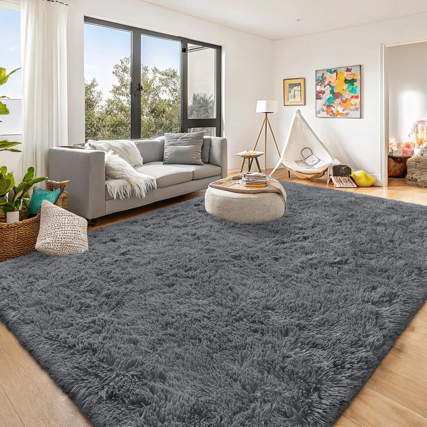 OLANLY Large Area Rug - Soft Fluffy Shaggy Carpet for Living Room & Bedroom | 8x12 ft, Grey