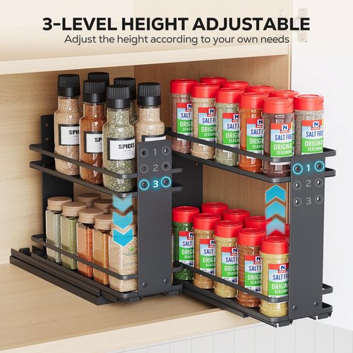 Nieifi Pull Out Spice Rack Organizer, 2 Tiers, Black, Spice Organization for Cabinet, Height Adjustable, Easy to Install