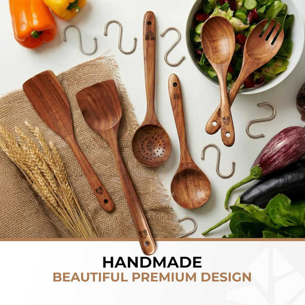 Skiennix Wooden Spoons for Cooking - 6-Piece Premium Teak Utensil Set | Durable, Nonstick, Easy to Clean