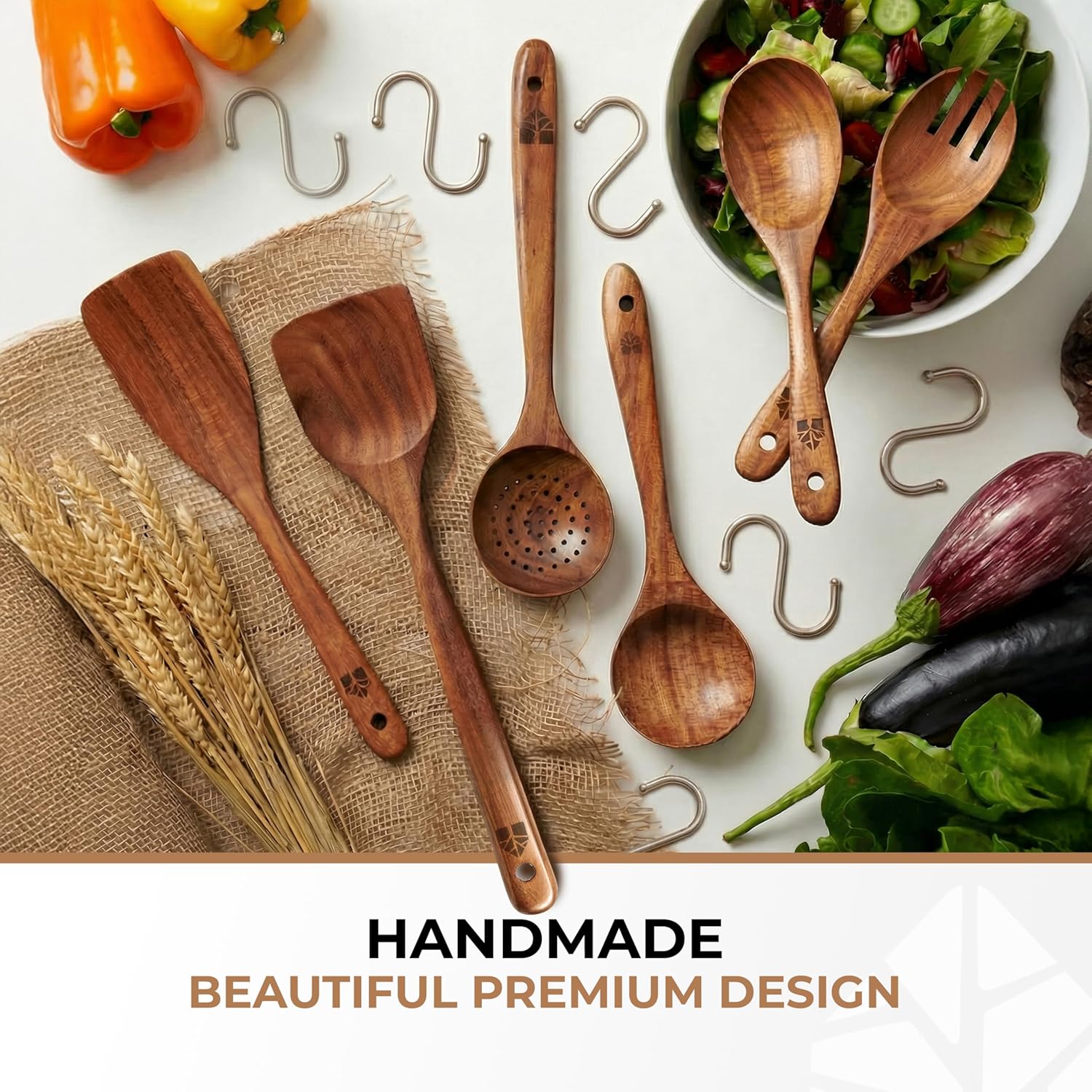 Skiennix Wooden Spoons for Cooking - 6-Piece Premium Teak Utensil Set | Durable, Nonstick, Easy to Clean