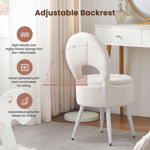 ZYKZYK Vanity Stool with Storage and Backrest, Folding Back & Velvet Seat, Footrest, Round Ottoman with Sherpa, Vanity Chair with Storage, Ideal for Bedroom, Living Room, and Makeup Stations