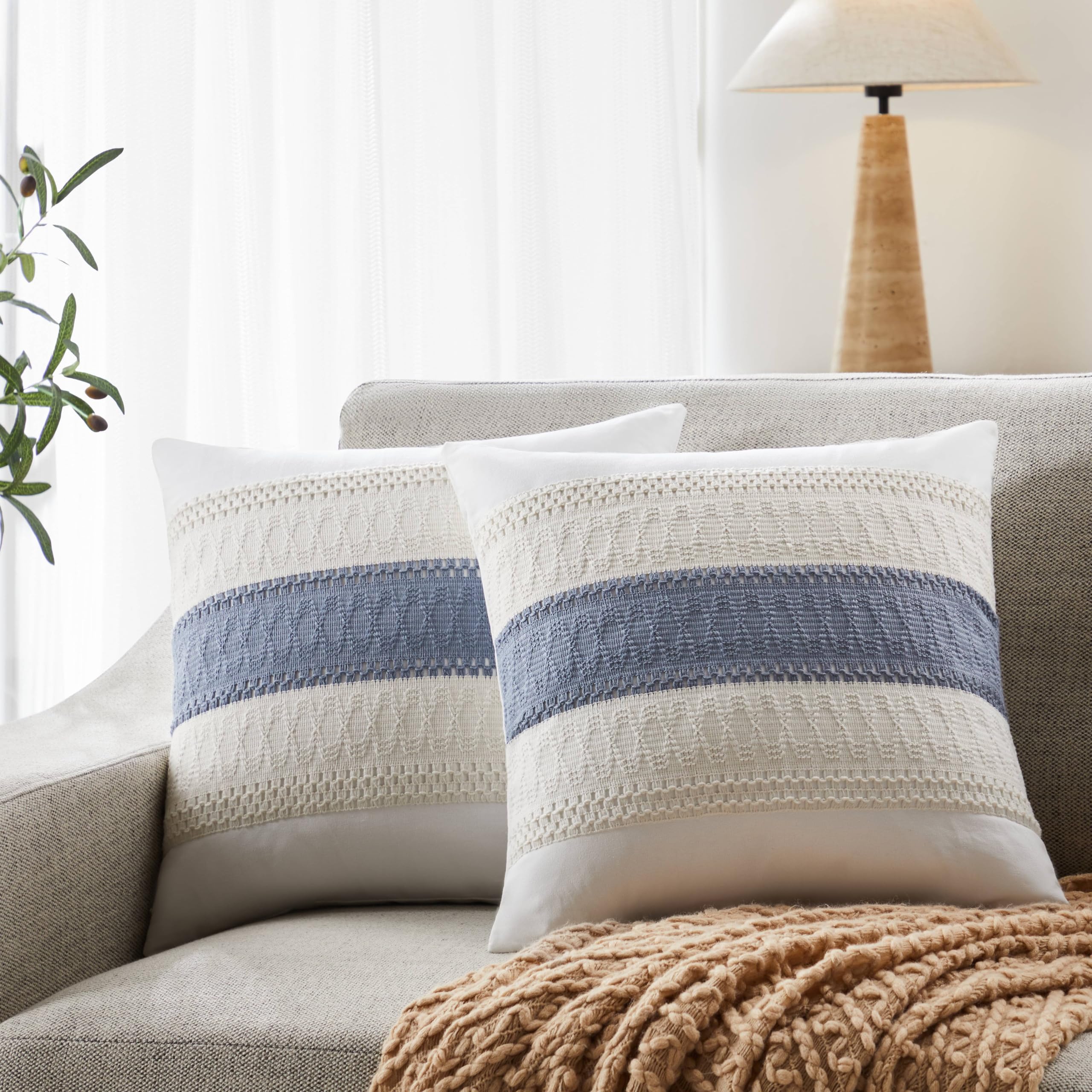 YZJZEDS Soft Cotton Boho Throw Pillow Covers Set of 2, Natural White/Contrast Blue 18x18 Inch, Blue Farmhouse Decorative Cushion Covers for Sofa Bed Living Room Home Decor