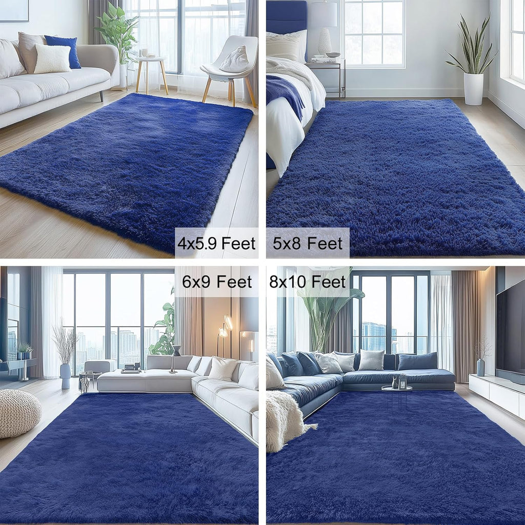 OLANLY Soft Fluffy Shaggy Bedside Rug - 3x3 Machine Washable Indoor Carpet in Navy Blue