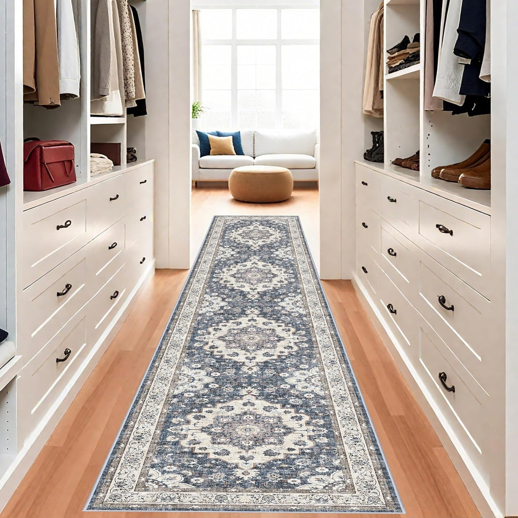 Regine Switzerland Washable 3x12 Hallway Runner Rug - Floral Non-Slip Accent Mat in Blue