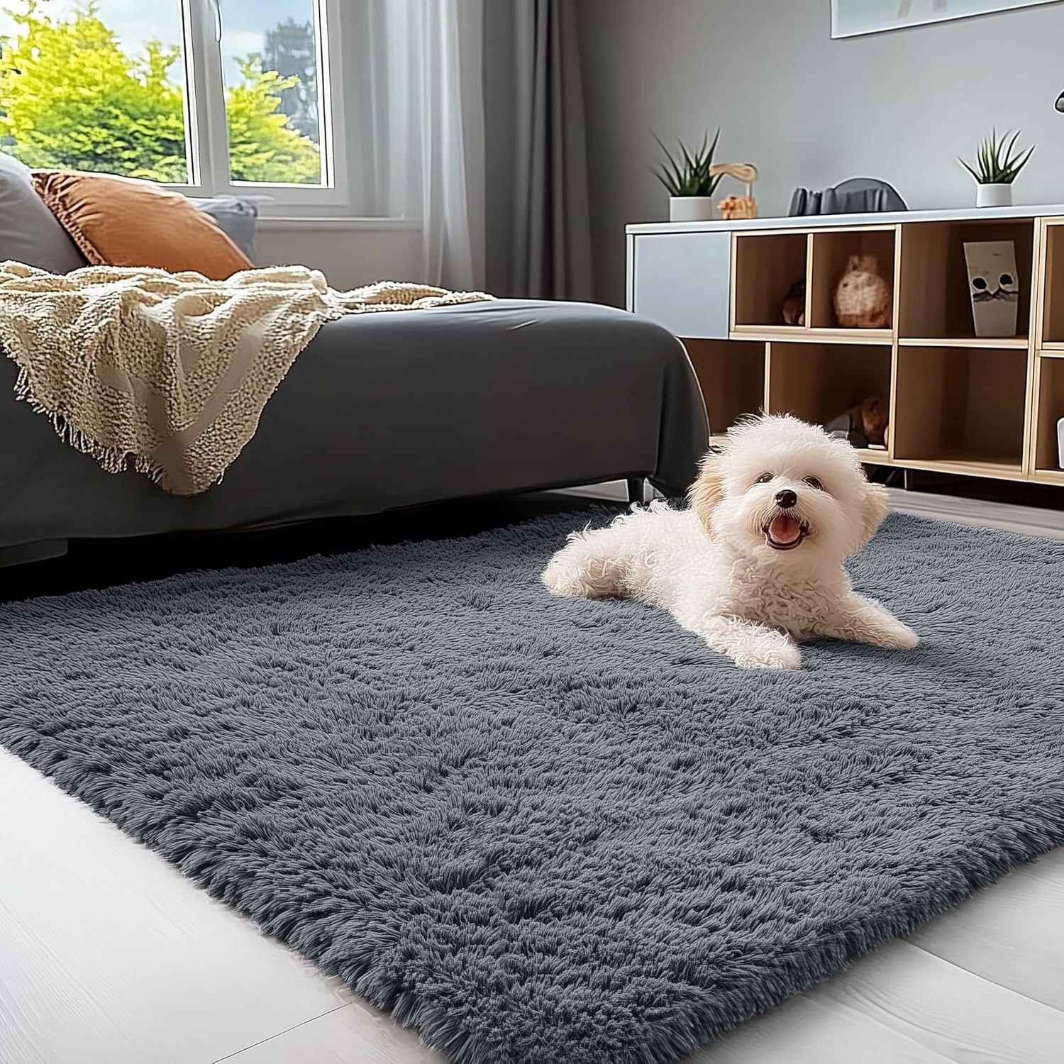 OLANLY Area Rugs - Soft Fluffy Shaggy Carpet for Living Room & Bedroom | Machine Washable, Grey