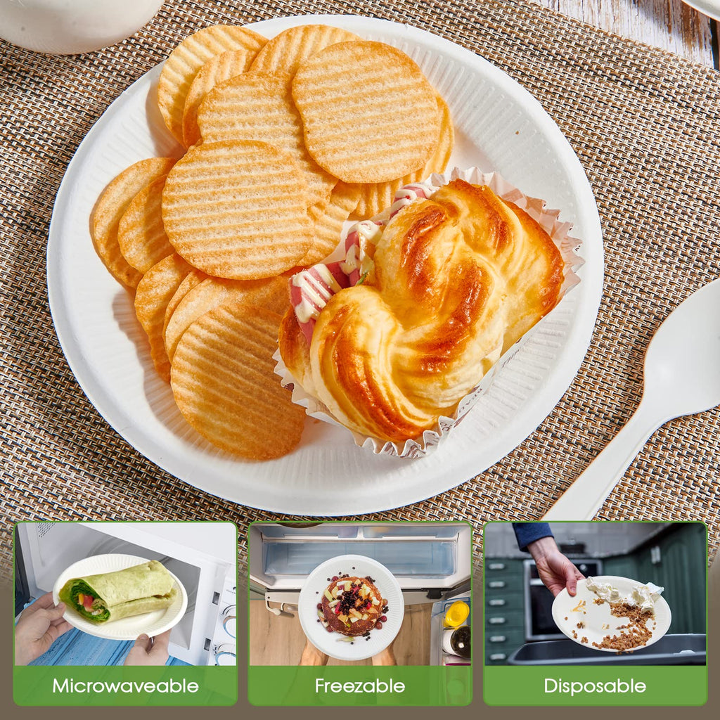 Vplus 100% Compostable Paper Plates, 200 Pack 7 Inch Disposable Paper Plates, Uncoated Biodegradable, Made of Sugar Cane Fibers, Perfect for Sandwich, Cake, and Snack