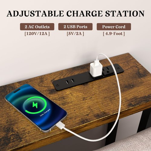 GRLEAF 78" Sofa Table with Built-in Power Strip (2 AC Outlets & 2 USB Ports) – 4.9ft Power Cord, Metal Frame, Easy Assembly, Long Couch Table Behind Sofa, Living Room and Home Office | Rustic Brown