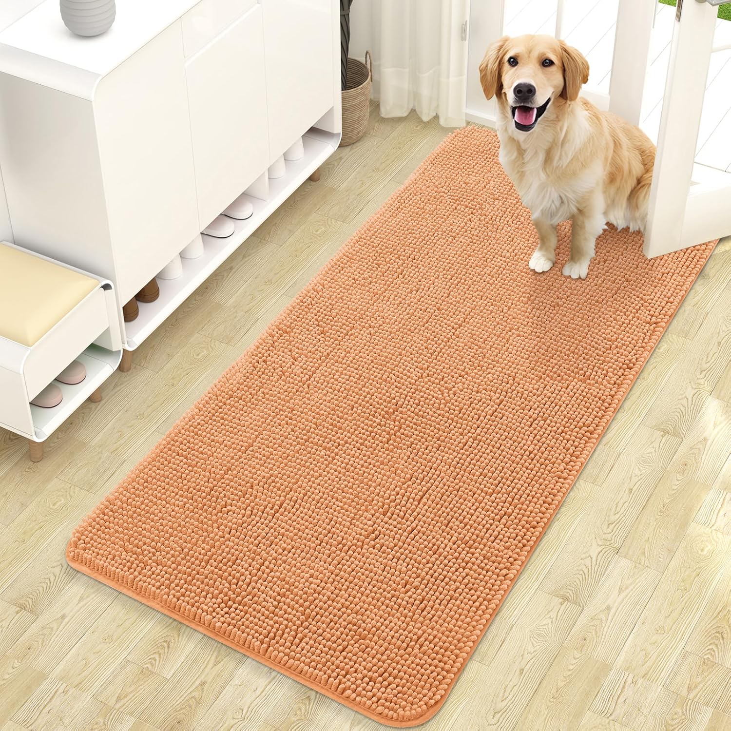 OLANLY Dog Door Mat - Absorbent Non-Slip Washable Chenille Mat for Muddy Paws | 47x24 Inches, Orange