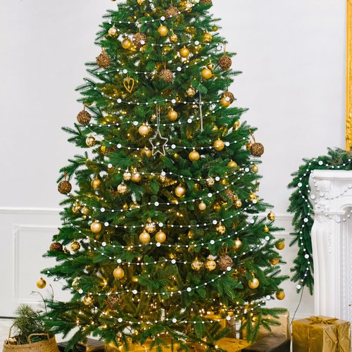 100 FT Christmas Tree Beads, 2 Sizes Artificial White Beaded Christmas Garland, Beads Strands Chain Garland Trim Roll for Xmas Tree, Plastic Hanging Beads Strands Chain for DIY Christmas Decorations