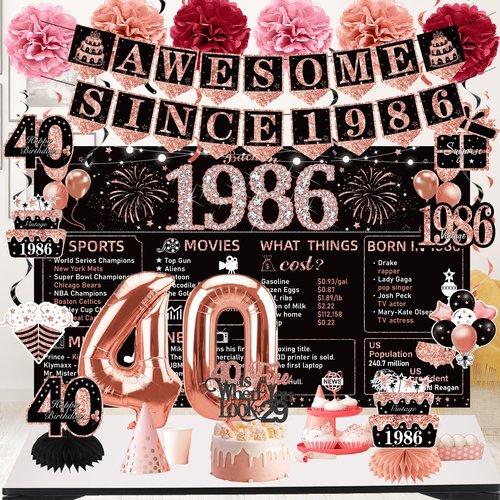 Yesiyeik 40th Birthday Decorations for Women, 40 Year Old Black Rose Gold Vintage AWESOME SINCE 1986 Birthday Banner Backdrop, 32inch 40 Balloons Crown Sash Cake Topper Birthday Party Supplies for Her
