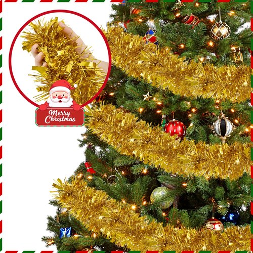 50FT Tinsel Christmas Garland Metallic Twist Garland Shiny Hanging Tinsel for Christmas Tree Party Supplies Indoor Outdoor Home Xmas Decoration (Gold)