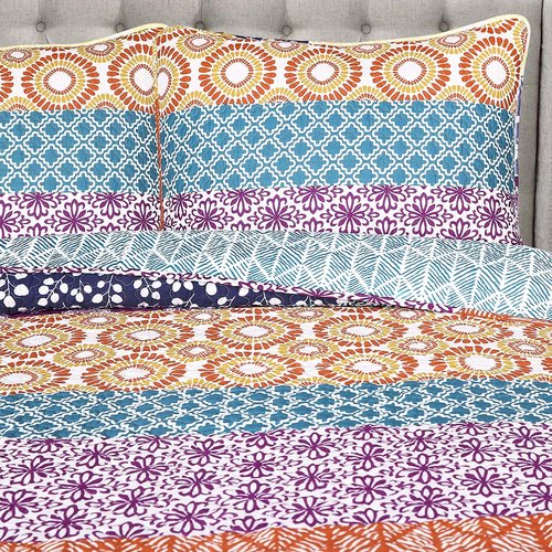 Lush Decor Bohemian Stripe Reversible Cotton Quilt Set, 3 Piece Set, Full/ Queen, Fuchsia & Orange -Striped Bedding Set - Purple Quilts Queen Size - Boho Decor