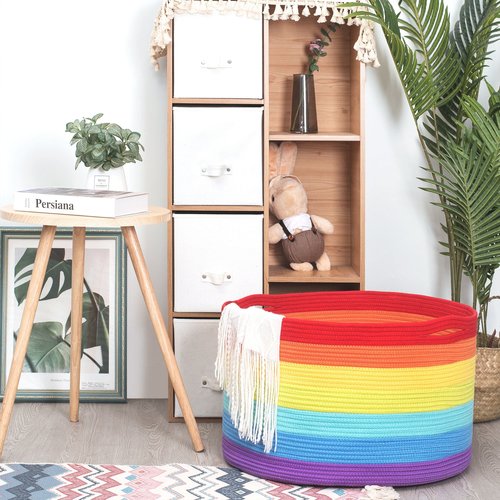 MINTWOOD Design Extra Large 22 x 14 Inch Rainbow Blanket Basket for Colorful Room Decor, Playroom & Classroom Storage Basket, Decorative Cotton Rope Basket, Toy Storage Baskets & Rainbow Storage Bins
