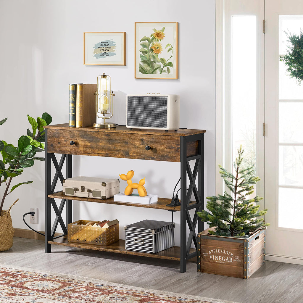 Yaheetech Console Table with 2 Outlets and 2 USB Ports, Industrial Entryway Table with Drawer and Storage Shelves, Narrow Sofa Tables with Metal Frame for Living Room, Hallway, Rustic Brown