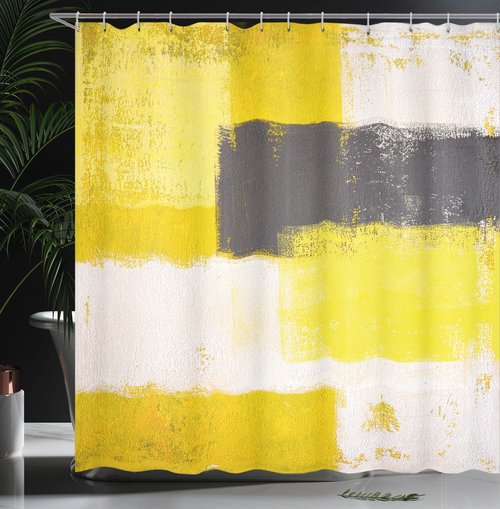 Ambesonne Grey and Yellow Shower Curtain, Abstract Grunge Style Brushstrokes Painting Style, Fabric Bathroom Decor Set with Hooks, 105" Extra Wide, White Charcoal Grey and Pale Yellow