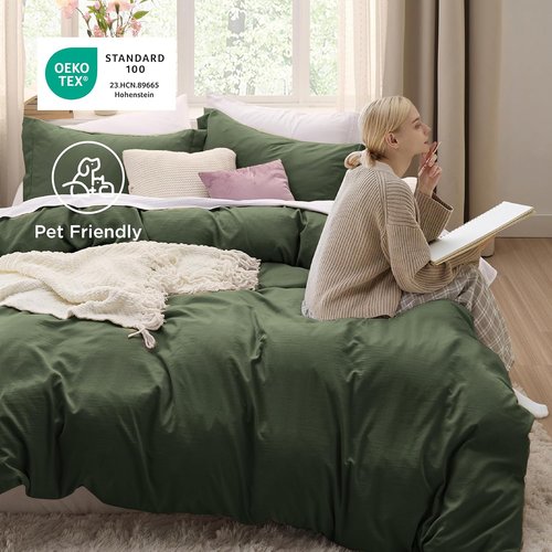 Bedsure Olive Green Duvet Cover Set - Extra Soft Prewashed Cotton-Like Polyester, Queen Size 90x90 Inches, Includes 2 Pillow Shams
