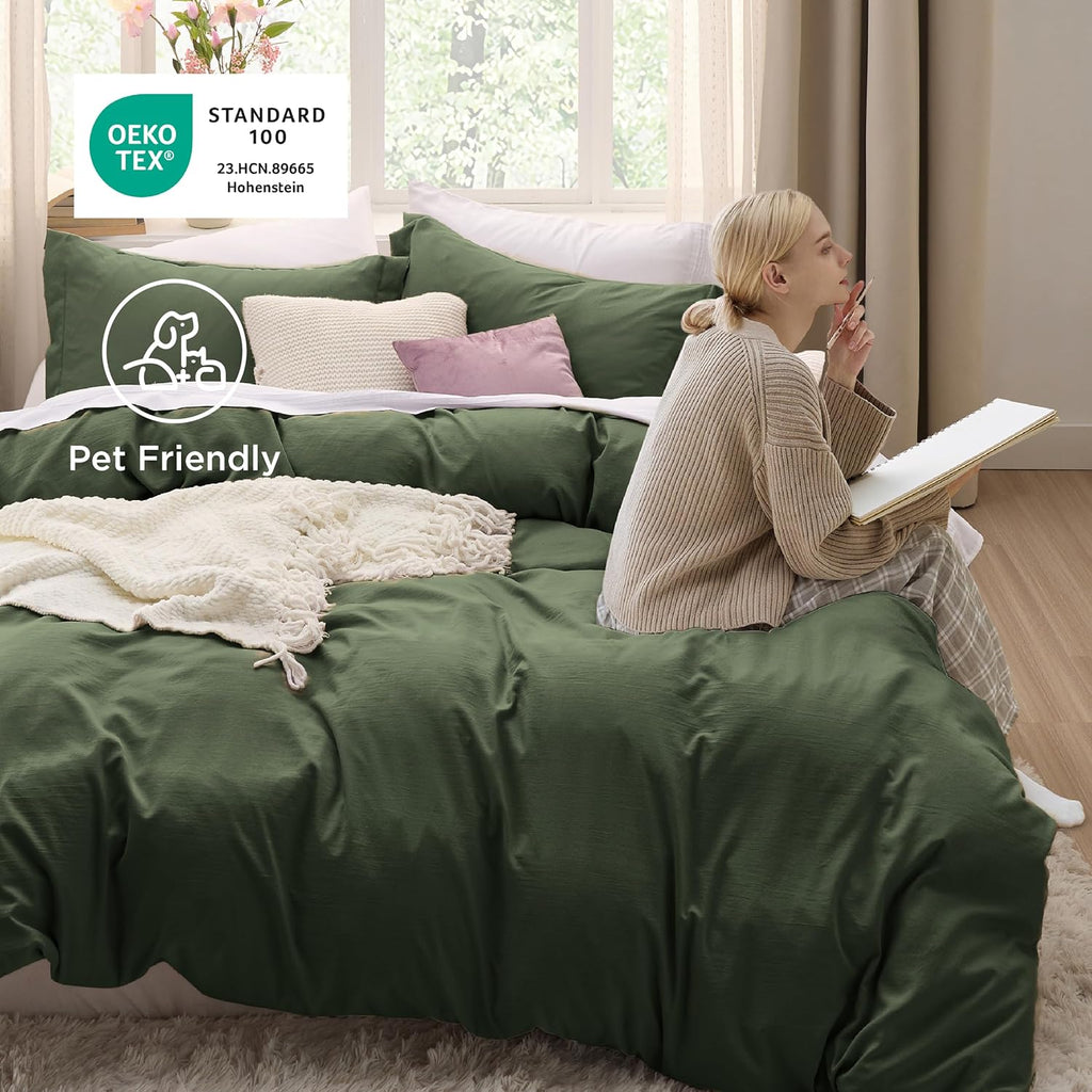 Bedsure Olive Green Duvet Cover Set - Soft Cotton-Like Polyester, Full Size 3-Piece Bedding Set, 80x90 Inches
