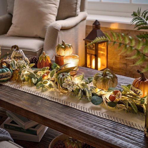 Valery Madelyn Fall Garland for Mantle, 6ft Lambs Ear Leaves Garland with Lights White Pumpkins Thanksgiving Table Centerpiece, Fall Autumn Decorations for Home Porch Fireplace Outdoor Halloween Decor