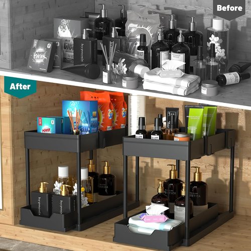 DEKAVA Under Sink Organizer - 2 Pack Bathroom Cabinet Storage Baskets | 2 Tier Sliding Design (Black)