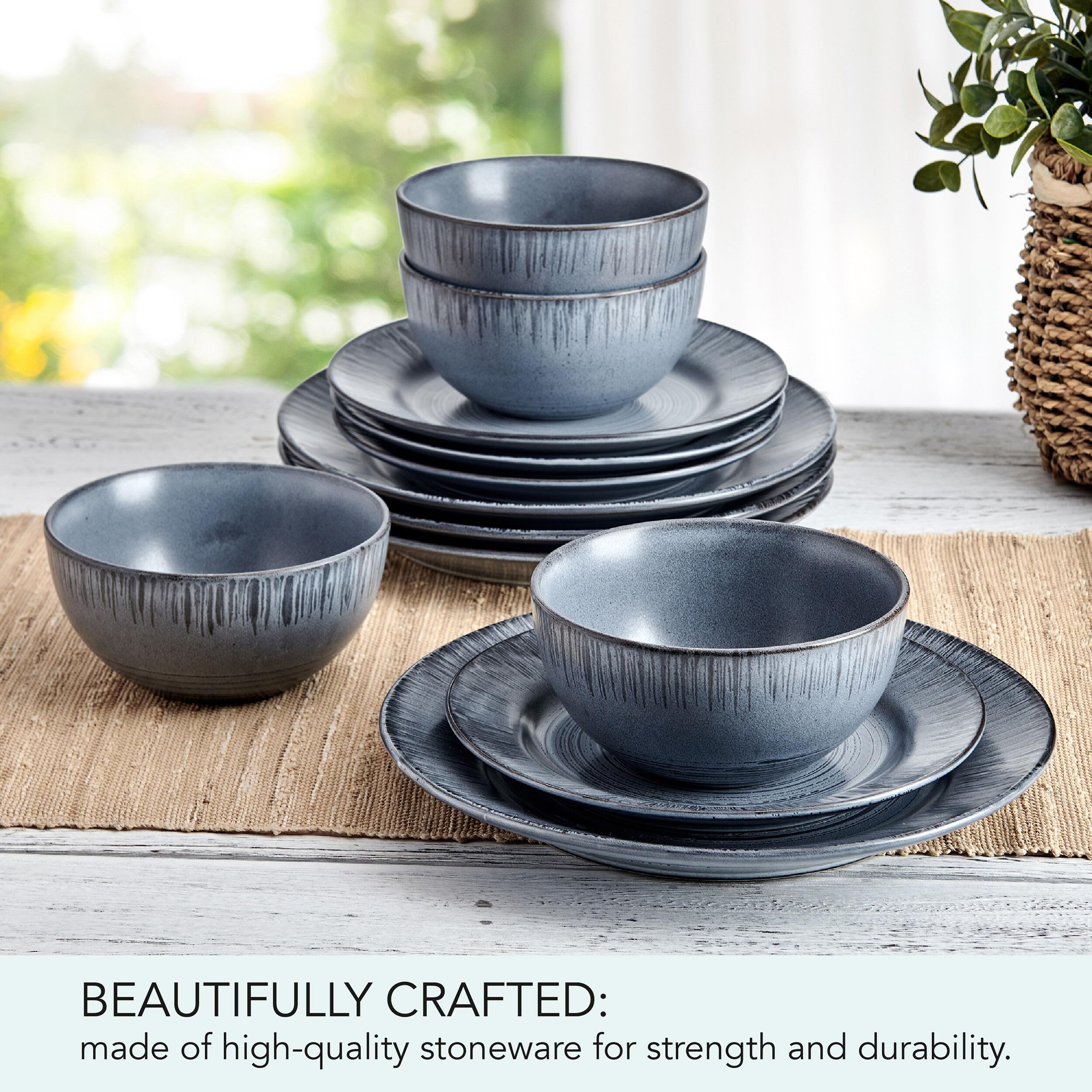 Pfaltzgraff Mystic 12 Piece Plates Bowls Dinnerware Set, Service for 4, Blue