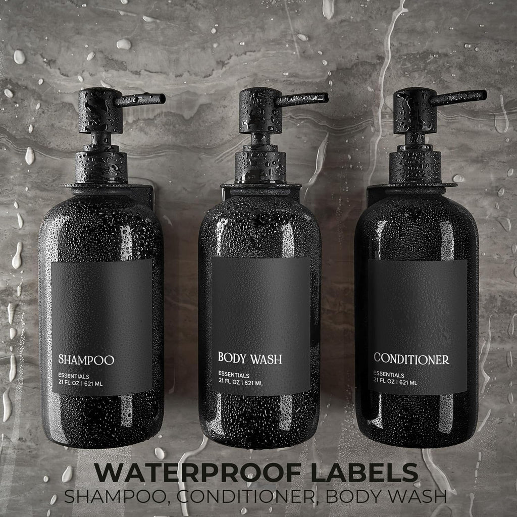 Stylish Shampoo & Conditioner Dispenser Set - Modern 21oz Wall-Mount Soap Bottles with Labels