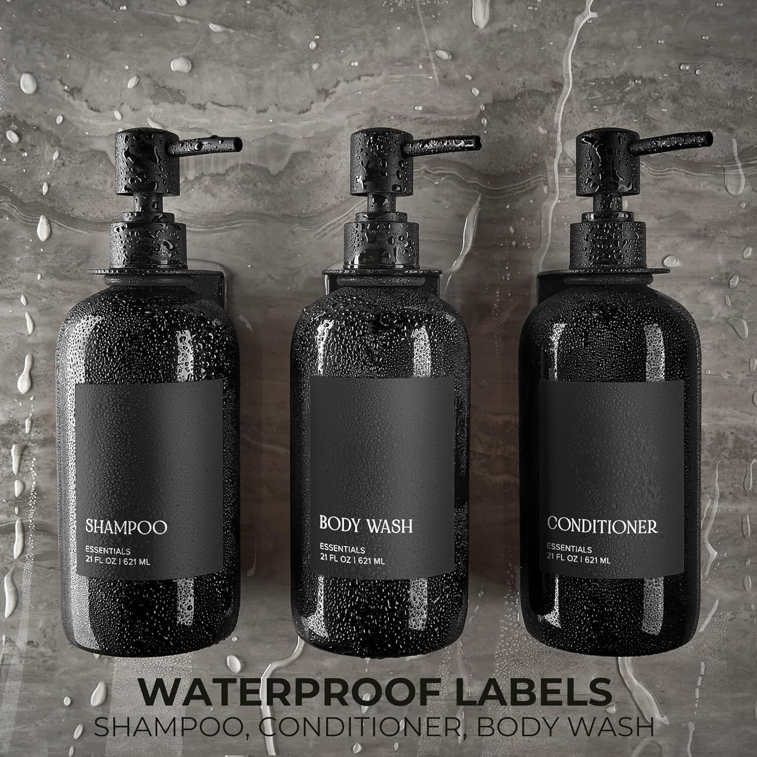 Stylish Shampoo & Conditioner Dispenser Set - Modern 21oz Wall-Mount Soap Bottles with Labels