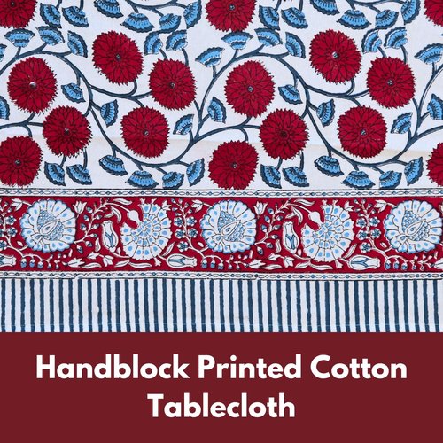 Handblock Print Cotton Tablecloth – 72x135 Rectangle Table Cover Seats 8-10 – Indian Block Printed Floral Dining Table Linen – Boho Washable Cloth for Kitchen, Party, Outdoor (White)