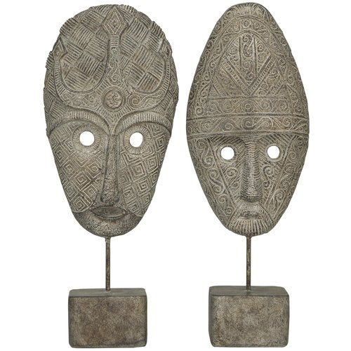 Deco 79 Polystone Mask Handmade Decorative Sculpture Carved Home Decor Statues, Set of 2 Accent Figurines 5"W, 15"H, Gray