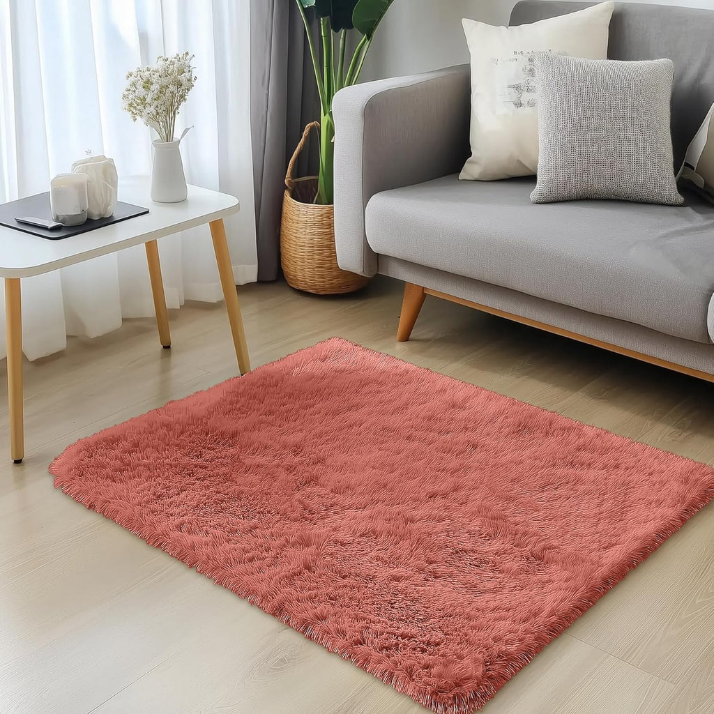 OLANLY 3x5 Soft Fluffy Shaggy Bedside Rug - Machine Washable Indoor Carpet for Kids & Nursery | Rust Red
