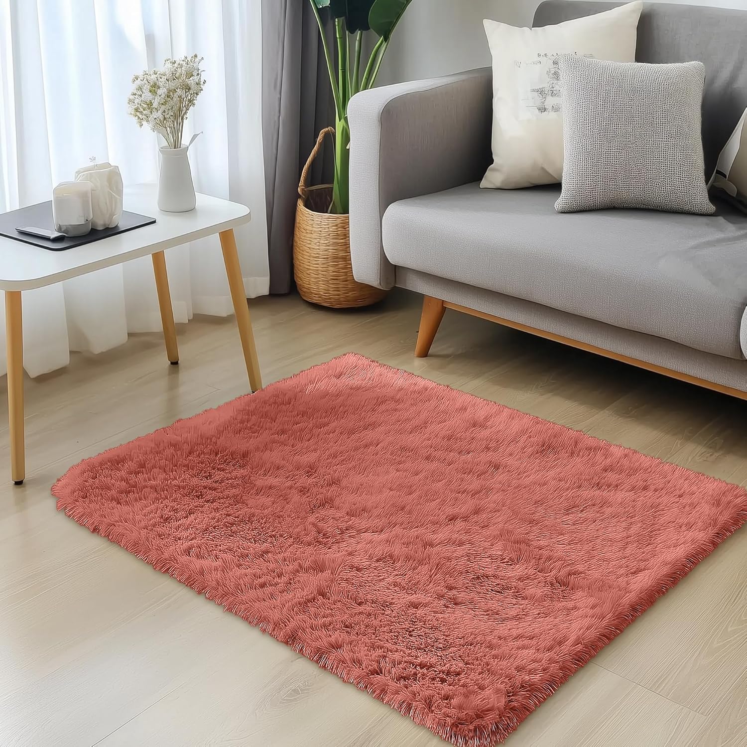 OLANLY 3x5 Soft Fluffy Shaggy Bedside Rug - Machine Washable Indoor Carpet for Kids & Nursery | Rust Red