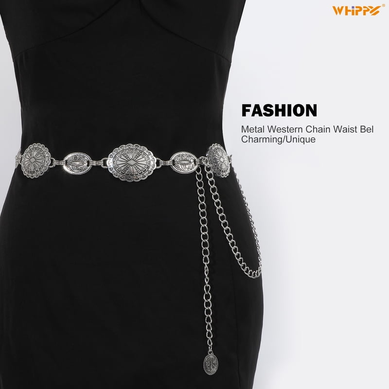 Whippy Women's Metal Waist Chain Belt for Jeans and Dresses - Silver, Up to 44"