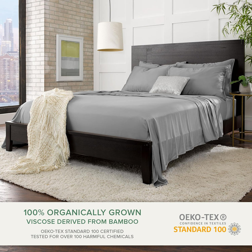 Pure Bamboo Twin Sheet Set - 100% Organic Viscose, Luxuriously Soft & Cooling | Stone Grey, Double Stitching