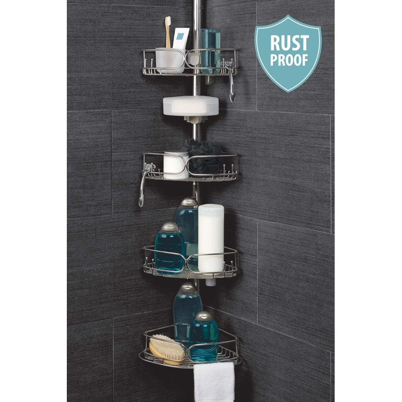 Rustproof Tension Pole Shower Caddy with 4 Adjustable Shelves - Stainless Steel, 60-108 Inches