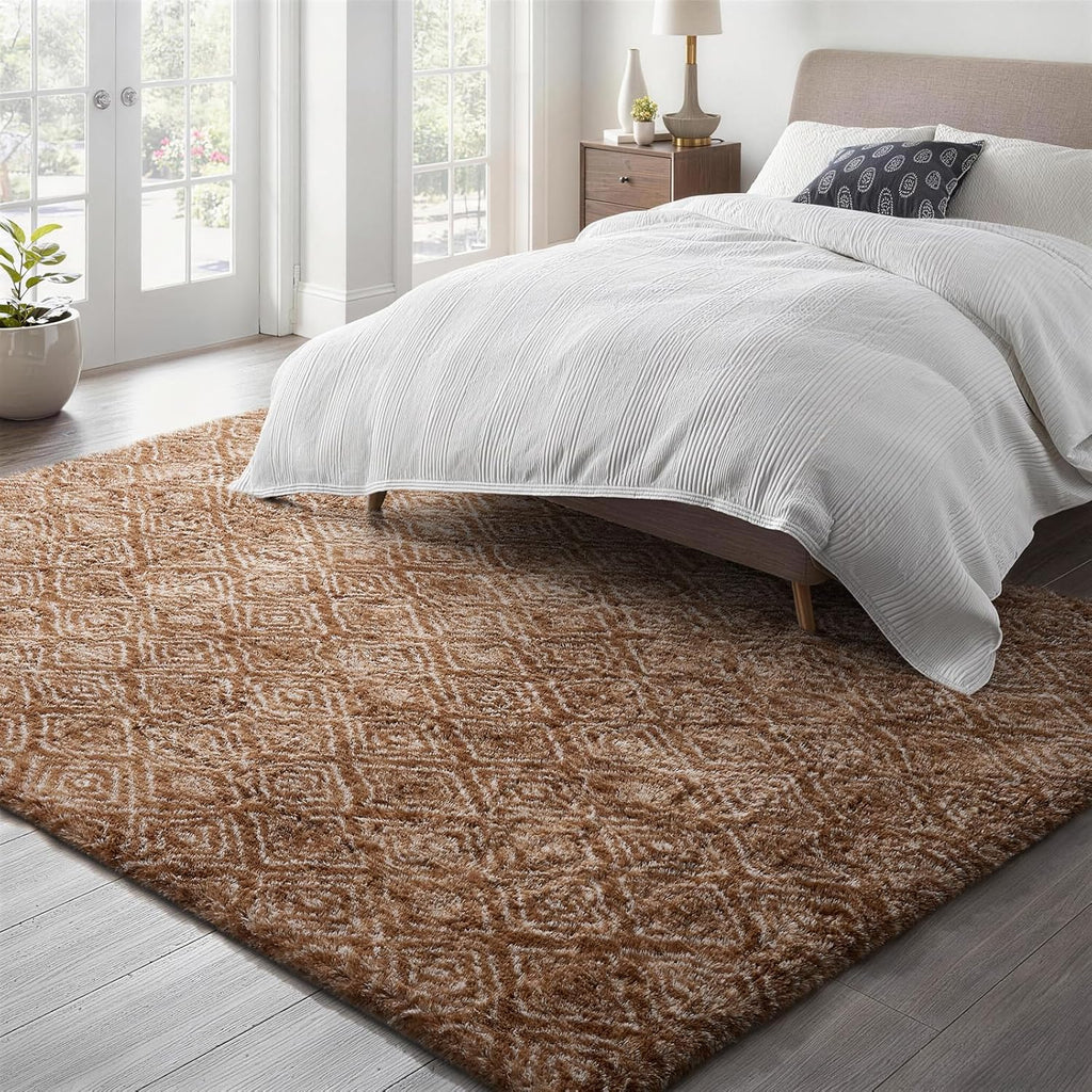 Ophanie Brown & White Diamond Striped Area Rug - Fluffy Shag Soft Carpet for Living Room 5x7