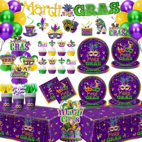Masquerade Party Decorations-172Pcs Mask Themed Plates and Napkins Green Gold Purple Tableware Set Masquerade Party Supplies