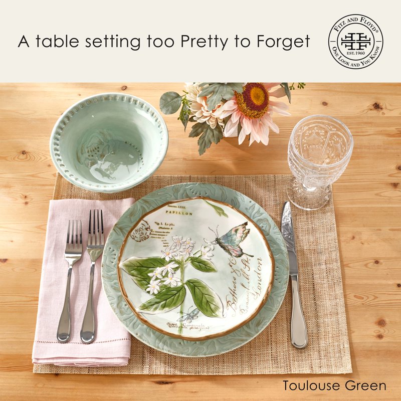 Toulouse 12-Piece Green Stoneware Dinnerware Set - Service for 4